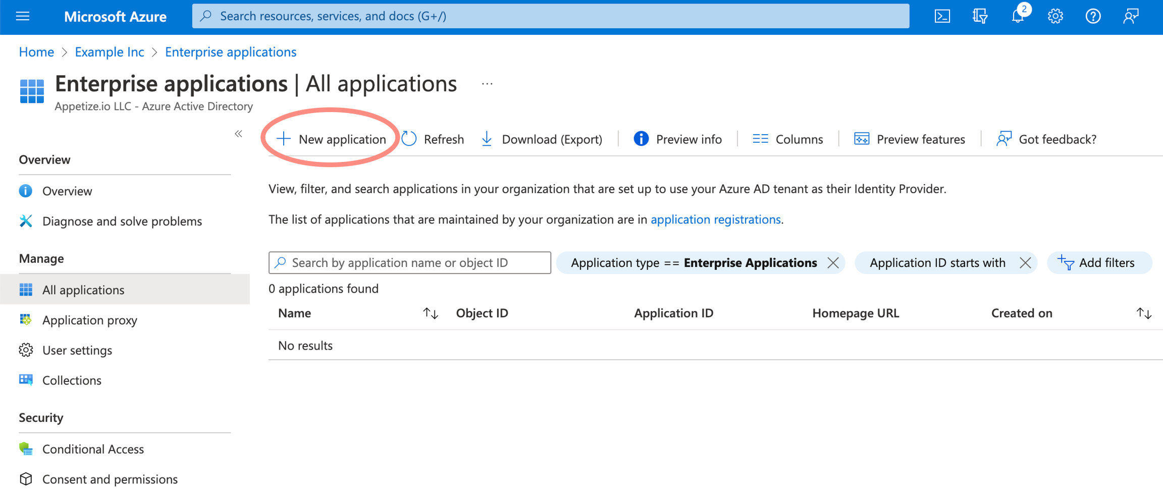List of enterprise apps. Click "New Application"