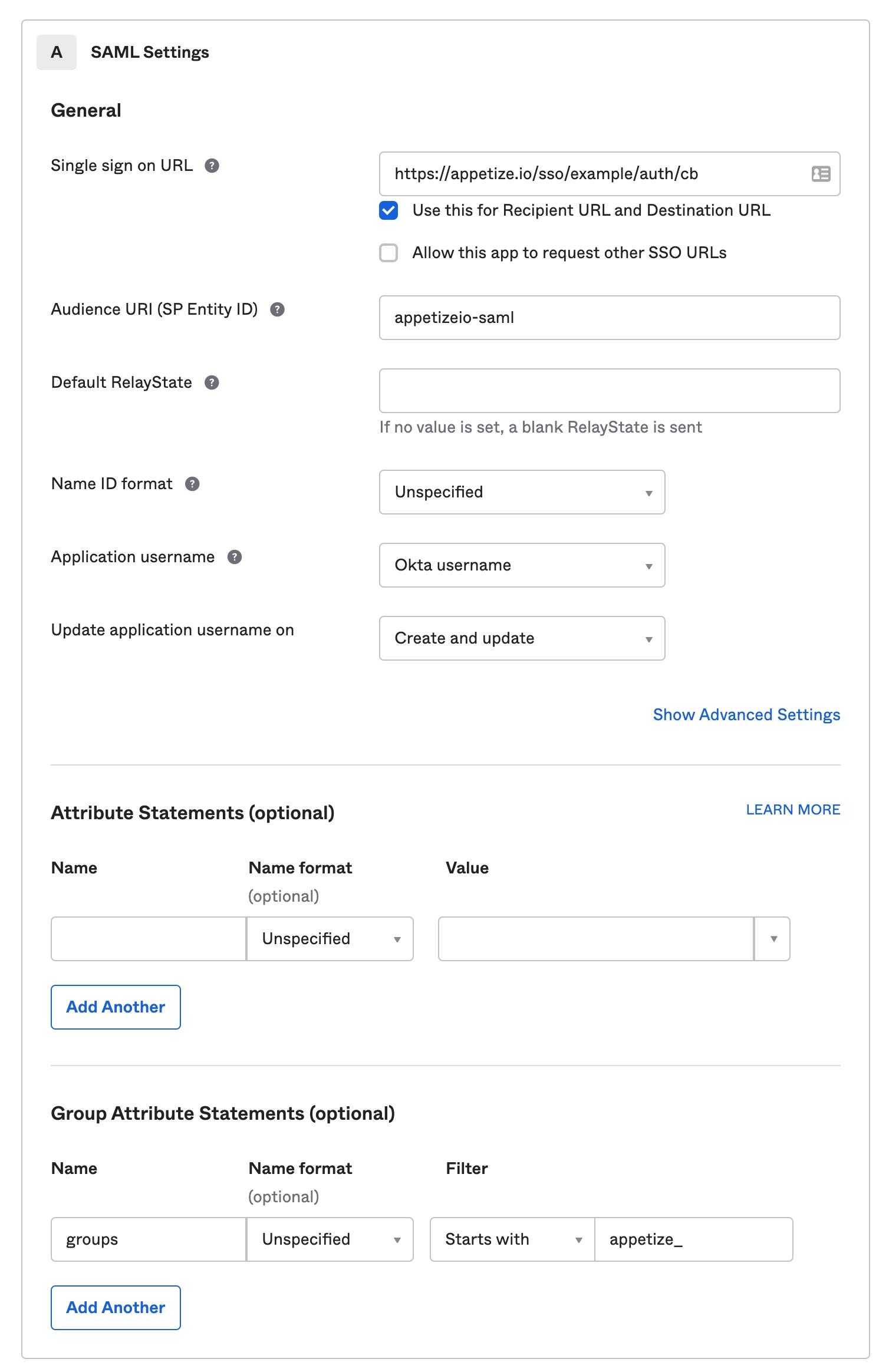 Enter the Single Sign On URL Provided by Appetize